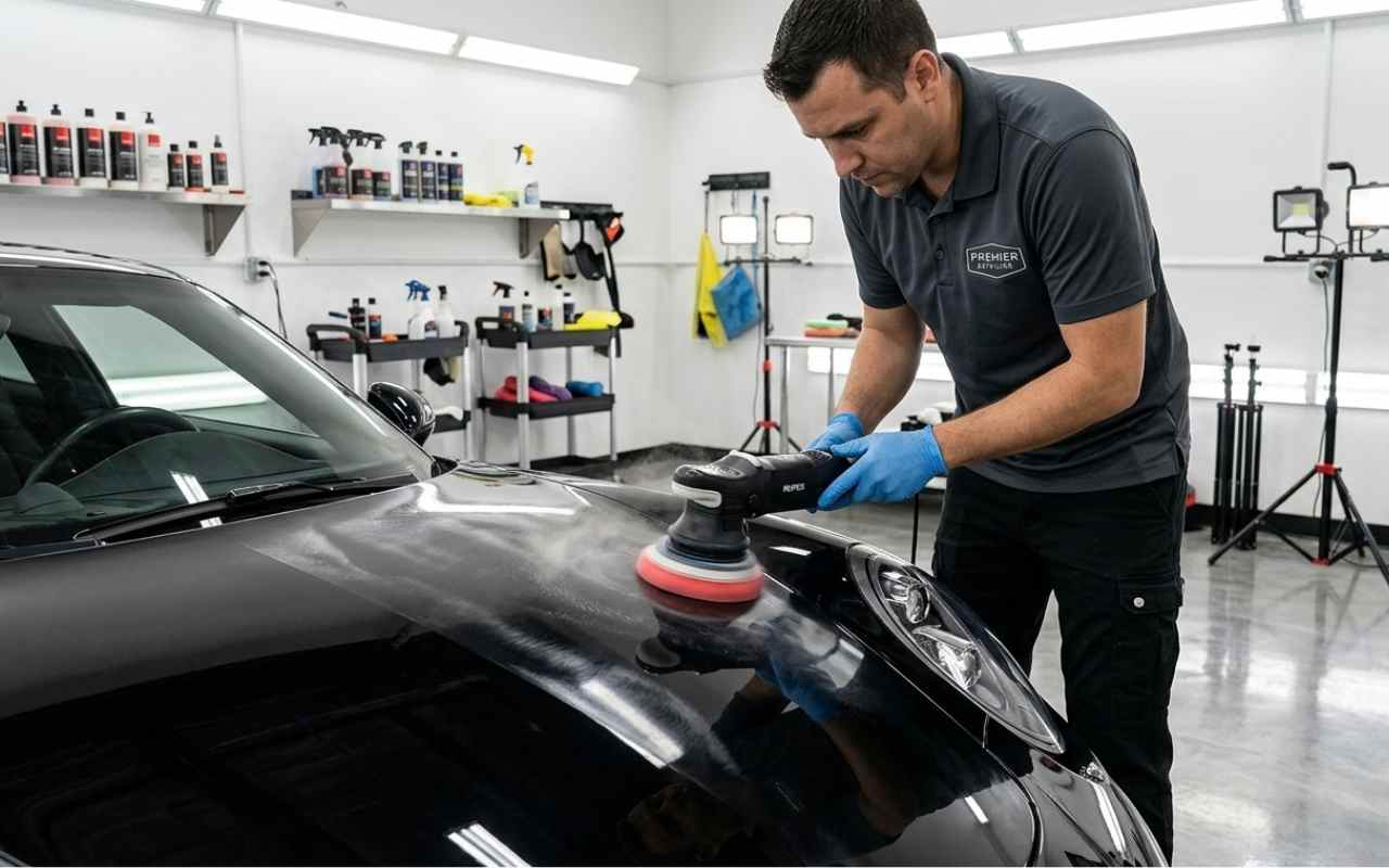 Мастер детейлинга в Дубае наносит керамическое покрытие в FIXGO