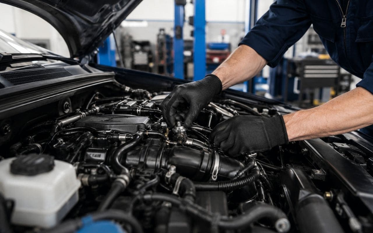 Engine repair Dubai workshop technician working on a car engine