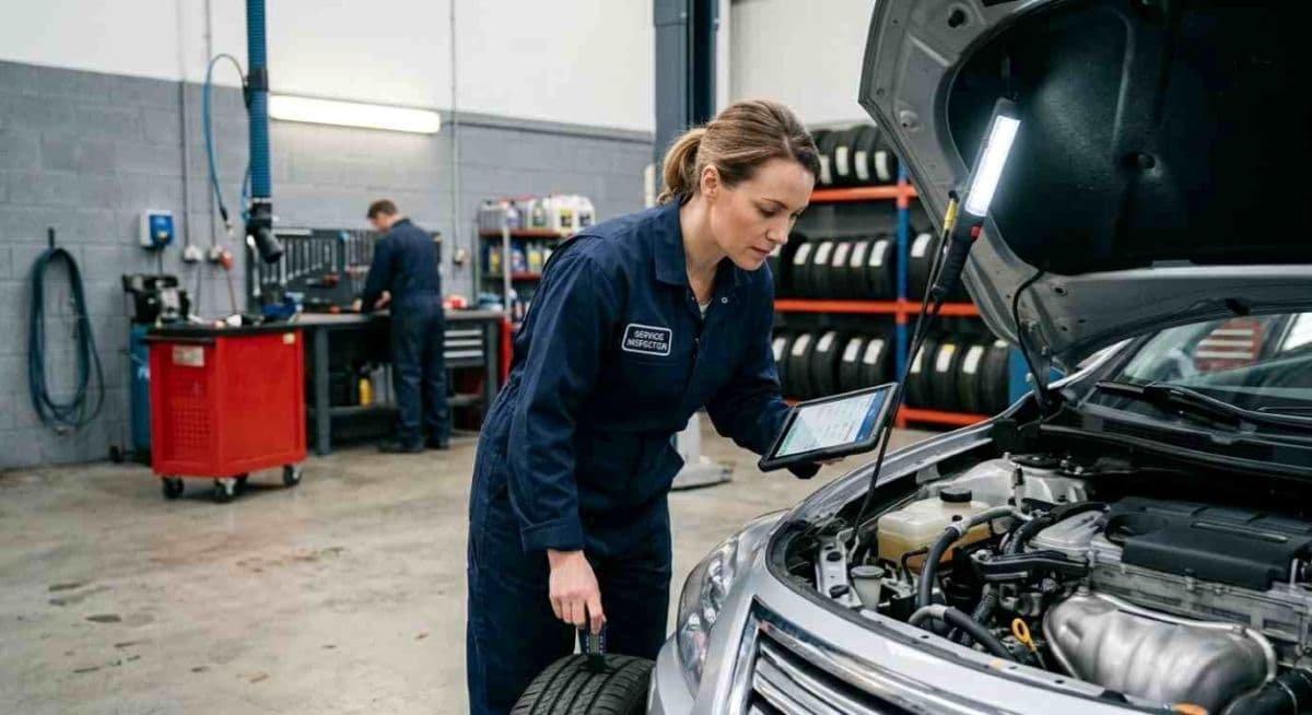 Pre-purchase car inspection Dubai technician inspecting a used car at FIXGO Al Quoz