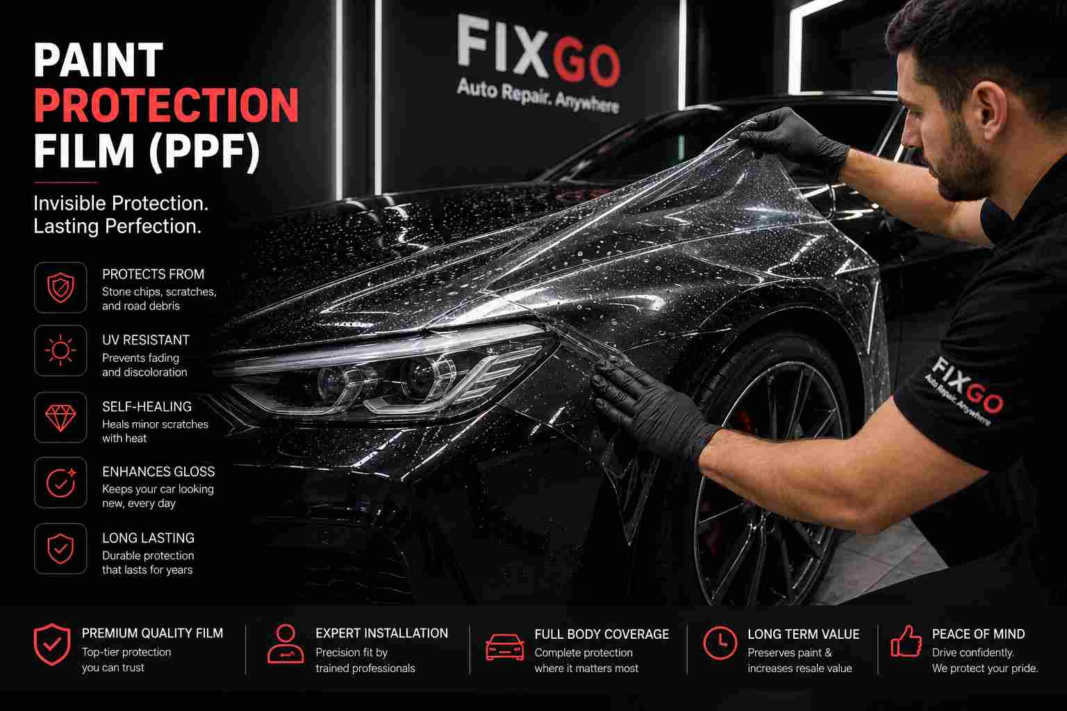 Paint protection film Dubai installer applying PPF to a car at FIXGO