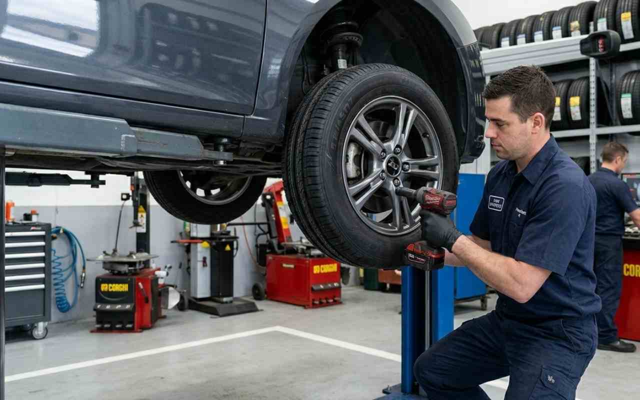 Мастер шиномонтажа в Дубае устанавливает шину в FIXGO