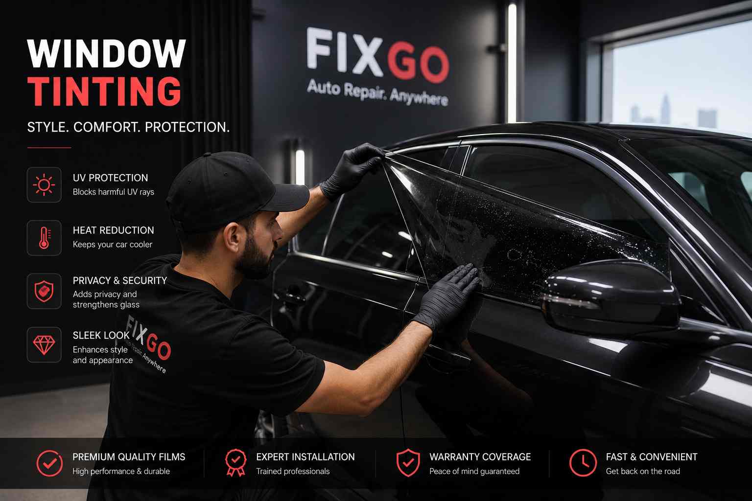 Window tinting Dubai technician applying ceramic tint film at FIXGO
